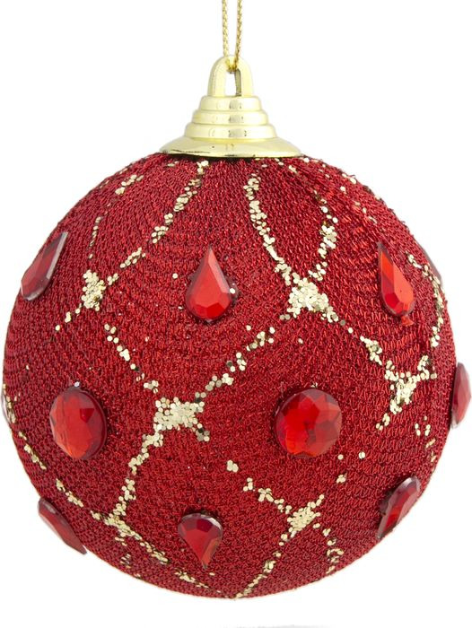 фото Новогоднее подвесное украшение Magic Time "Алый шар со стразами и золотыми украшениями", 8 см
