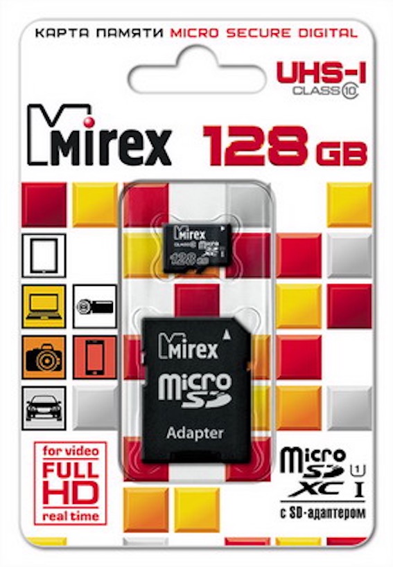 фото Карта памяти Mirex microSDХC, с адаптером, 128GB (UHS-I, class 10)