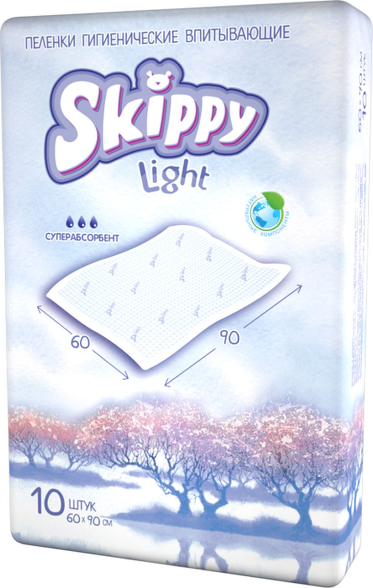 Пеленки одноразовые Skippy Light, детские, впитывающие, с суперабсорбентом, 60 х 90 см, 10 шт