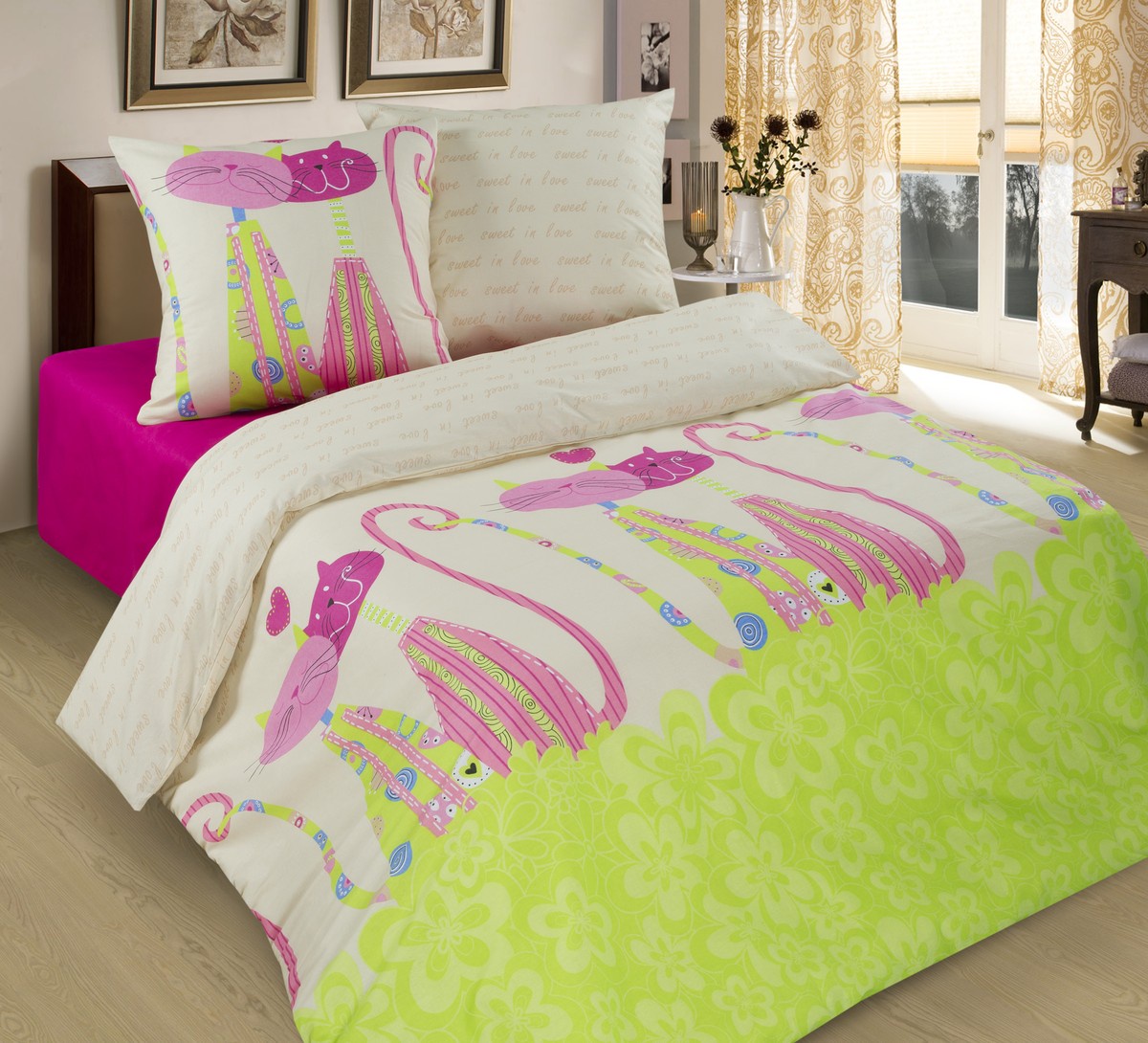 фото Комплект постельного белья Традиция "Кошки", 1101, 1,5 спальное, молочный, розовый, салатовый Тк традиция