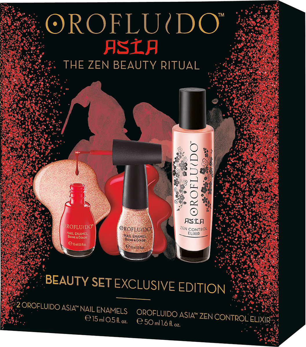 Подарочный набор Orofluido Beauty Set Exclusive Edition: Эликсир Asia 50 мл, Лак для ногтей ярко-красный цвет 15 мл, Лак для ногтей розовый блеск 15 мл