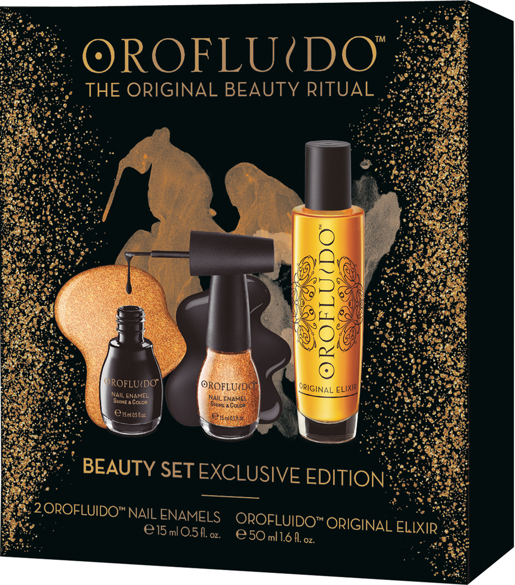 фото Подарочный набор Orofluido Beauty Set Exclusive Edition: Эликсир Elixir 50 мл, Лак для ногтей в цвет Dark Night 15 мл, Лак для ногтей Золотой блеск, 15 мл