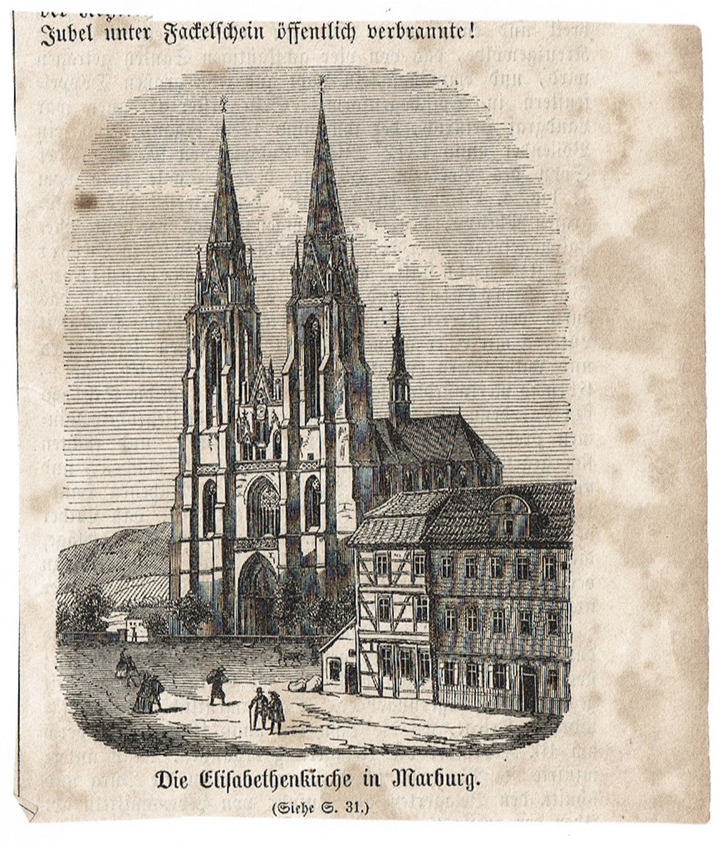 Церковь Св. Елизаветы в Марбурге (Die Elisabethenkirche in Marburg). Гравюра. Германия, 19 век