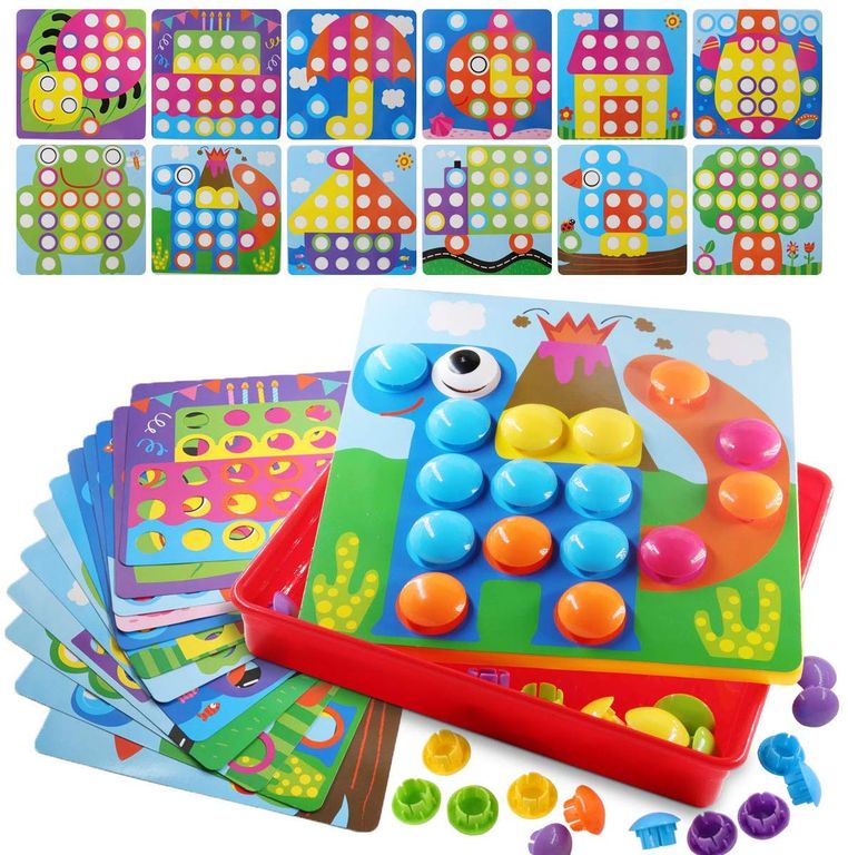 фото Мозаика BeeZee Toys пазл большая "Пуговицы" креативный набор: 12 трафаретов, 45 кнопок, игра для малышей