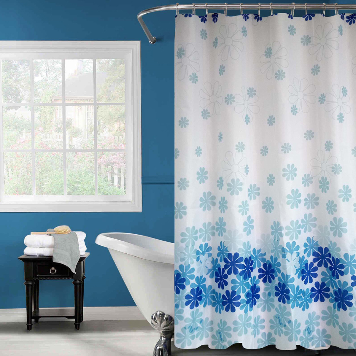 фото Штора для ванной Fora "Цветочный дождь", PH98, голубой, синий, белый, 180 х 180 см