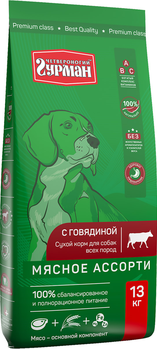 фото Корм сухой для собак Четвероногий Гурман "Мясное ассорти с говядиной", 100113001, 13 кг