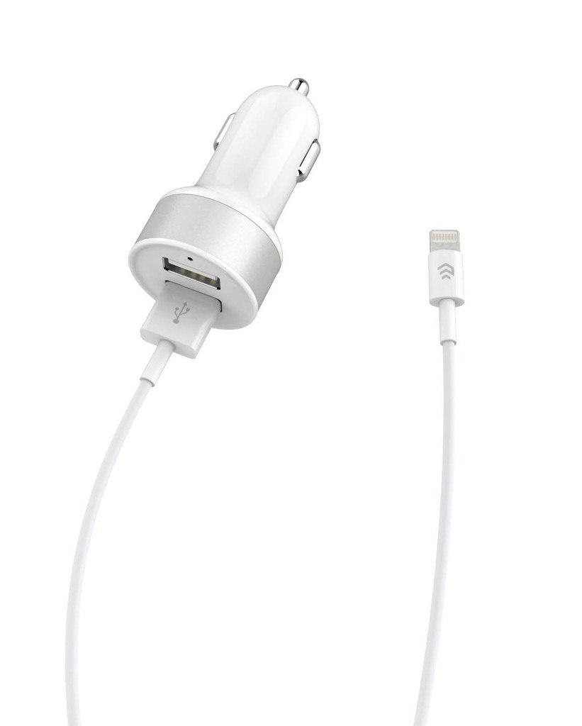 фото Автомобильное зарядное устройство (в прикуриватель) Devia на 2 USB порта Smart Dual USB Car charger + кабель для Apple Lightning с сертифицированным чипом MFi 2.4A 1 метр, белый