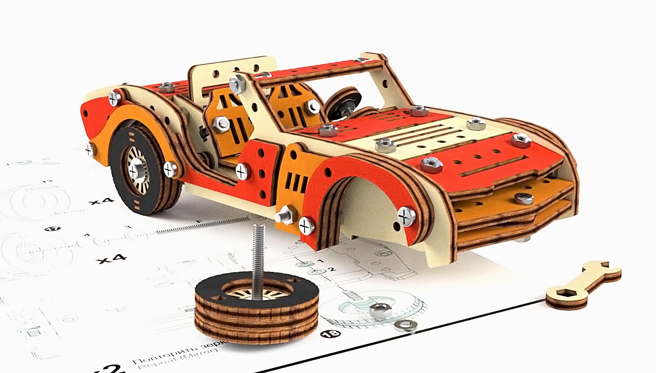 фото Конструктор 3D деревянный M-Wood Спортивная машина, винтовой