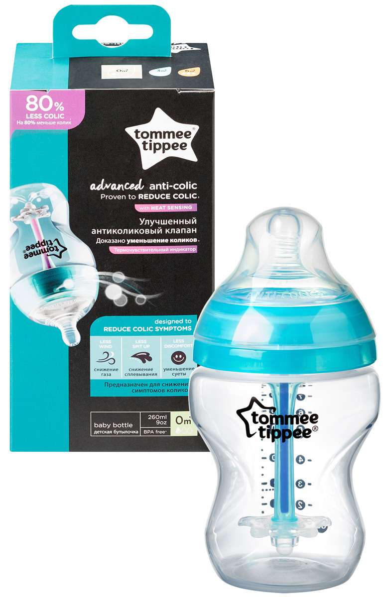 фото Бутылочка для кормления Tommee Tippee Advanced с усиленным антиколиковым клапаном и индикатором температуры, 260 мл