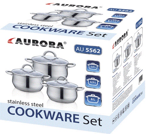 фото Набор посуды для приготовления AURORA Набор кастрюль с крышками AU5562, серебристый