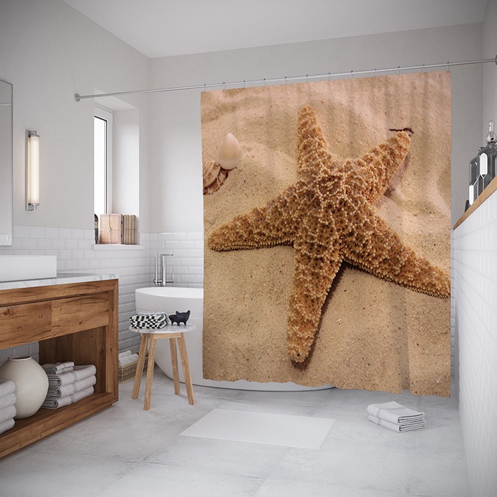 фото Штора (занавеска) для ванной "Пляжная скульптура" из ткани, 180х200 см с крючками Joyarty