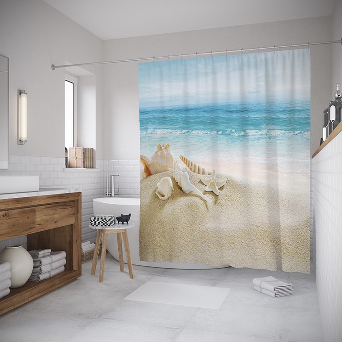 фото Штора (занавеска) для ванной "Песчаные останки" из ткани, 180х200 см с крючками Joyarty