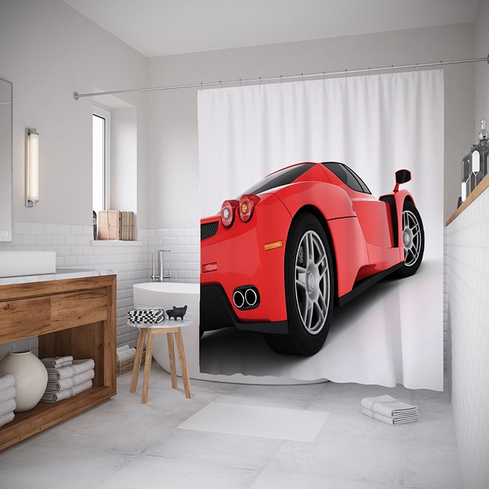 фото Штора (занавеска) для ванной "Красный спорткар" из ткани, 180х200 см с крючками Joyarty