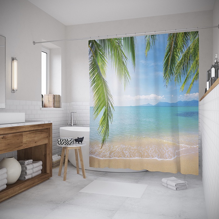 фото Штора (занавеска) для ванной "Солнечное прикосновение" из ткани, 180х200 см с крючками Joyarty