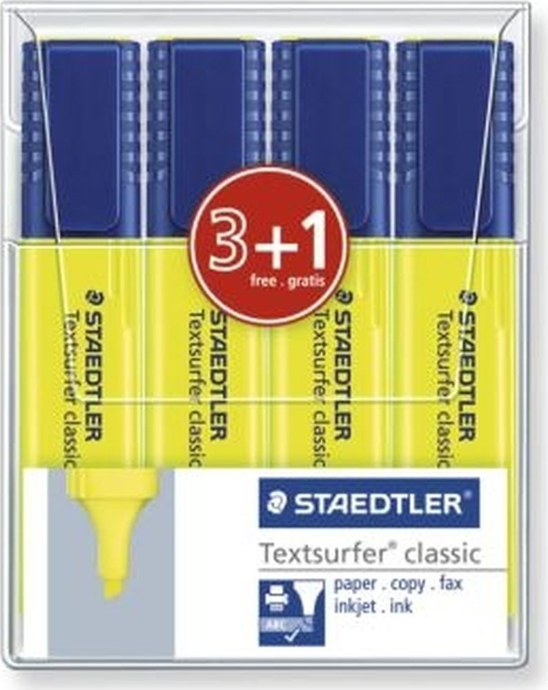 Набор текстовыделителей Staedtler Classic, 364-1WP4P, 1-5 мм, желтый, 3 шт + маркер, 364-1WP4P Набор текстовыделителей Staedtler Classic, 364-1WP4P, 1-5 мм, желтый, 3 шт + маркер, 364-1WP4P
