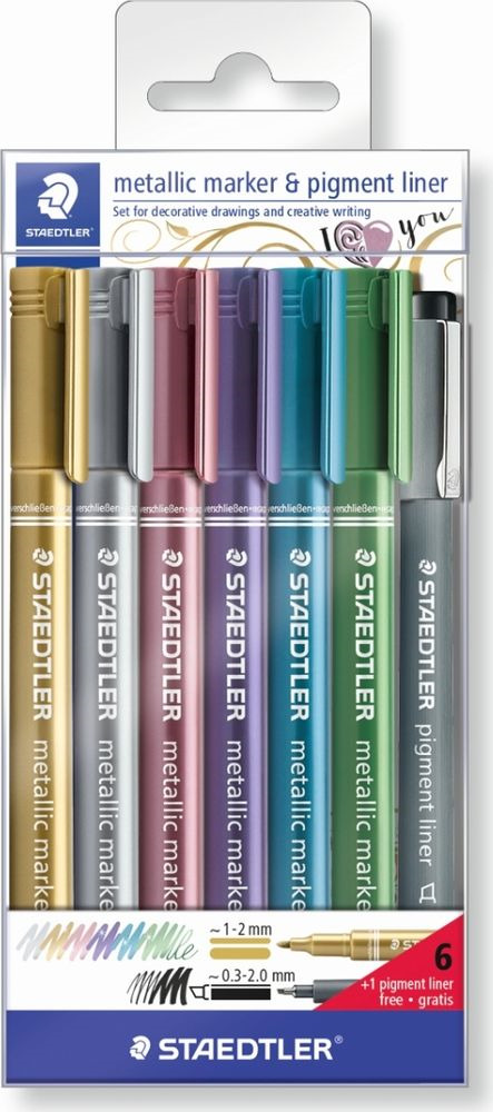 Набор маркеров Staedtler Metallic 8323, 1-2 мм, 6 цветов + ручка, 8323-SWP6P Набор маркеров Staedtler Metallic 8323, 1-2 мм, 6 цветов + ручка, 8323-SWP6P