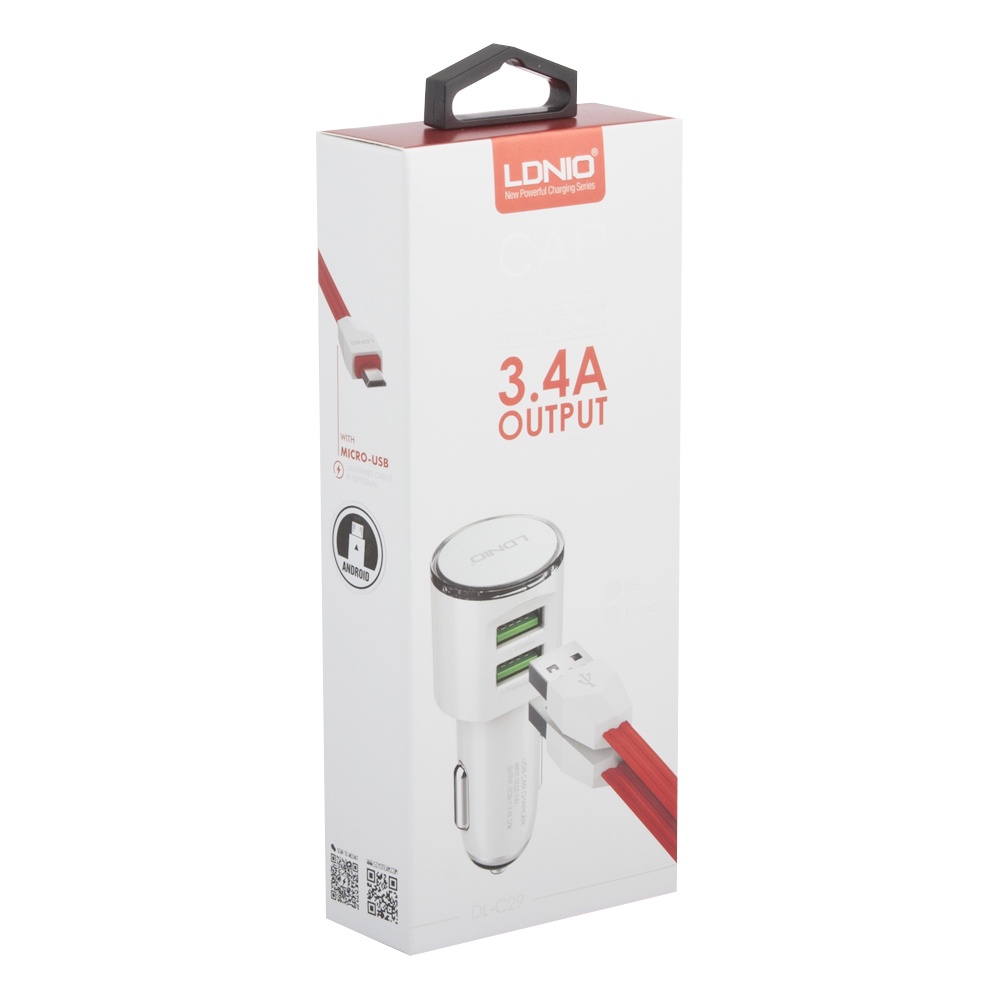 фото Автомобильное зарядное устройство Ldnio 2 USB 3,4А + кабель Micro USB DL-C29, White