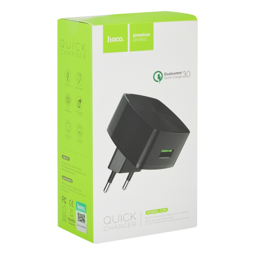 фото Сетевое зарядное устройство Hoco C26 Mighty Power QC3.0 USB Charger 3.6V-6.5V/3A, 6.6V-9V/2A, 9.1V-12V/1.5A, 0L-00038985, Black