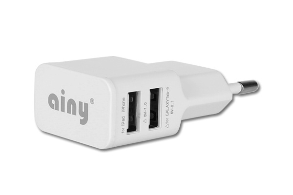 фото Сетевое зарядное устройство Ainy с 2-мя USB (1A/2.1A), EA-031B, белый