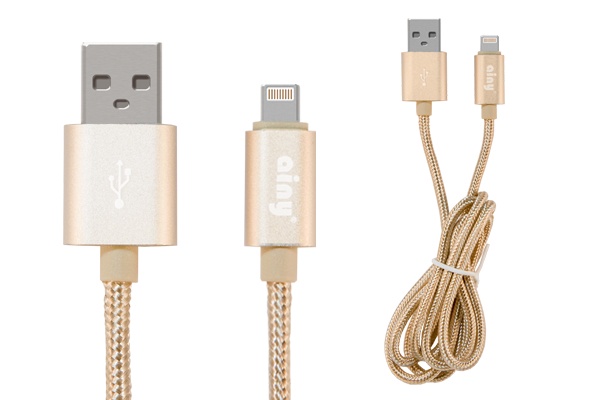 фото Кабель Ainy USB Apple iPhone 5/5S/5C/6/6Plus/iPad Mini/Air, тканевый, 1 м, FA-060L, золотой