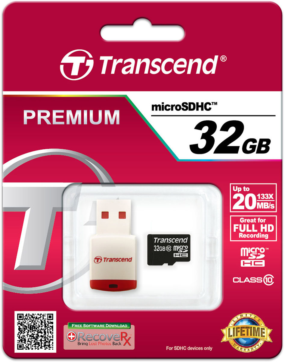 фото Карта памяти Transcend Class 10, с USB кард-ридером, TS32GUSDHC10-P3, 32GB