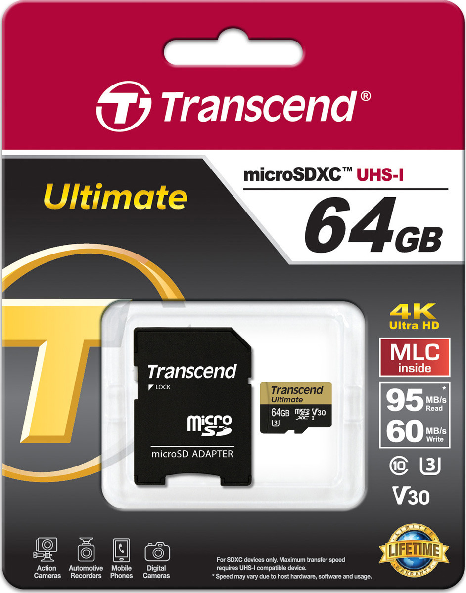 фото Карта памяти Transcend Ultimate UHS-I Class U3 V30, с адаптером, TS64GUSDU3M, 64GB