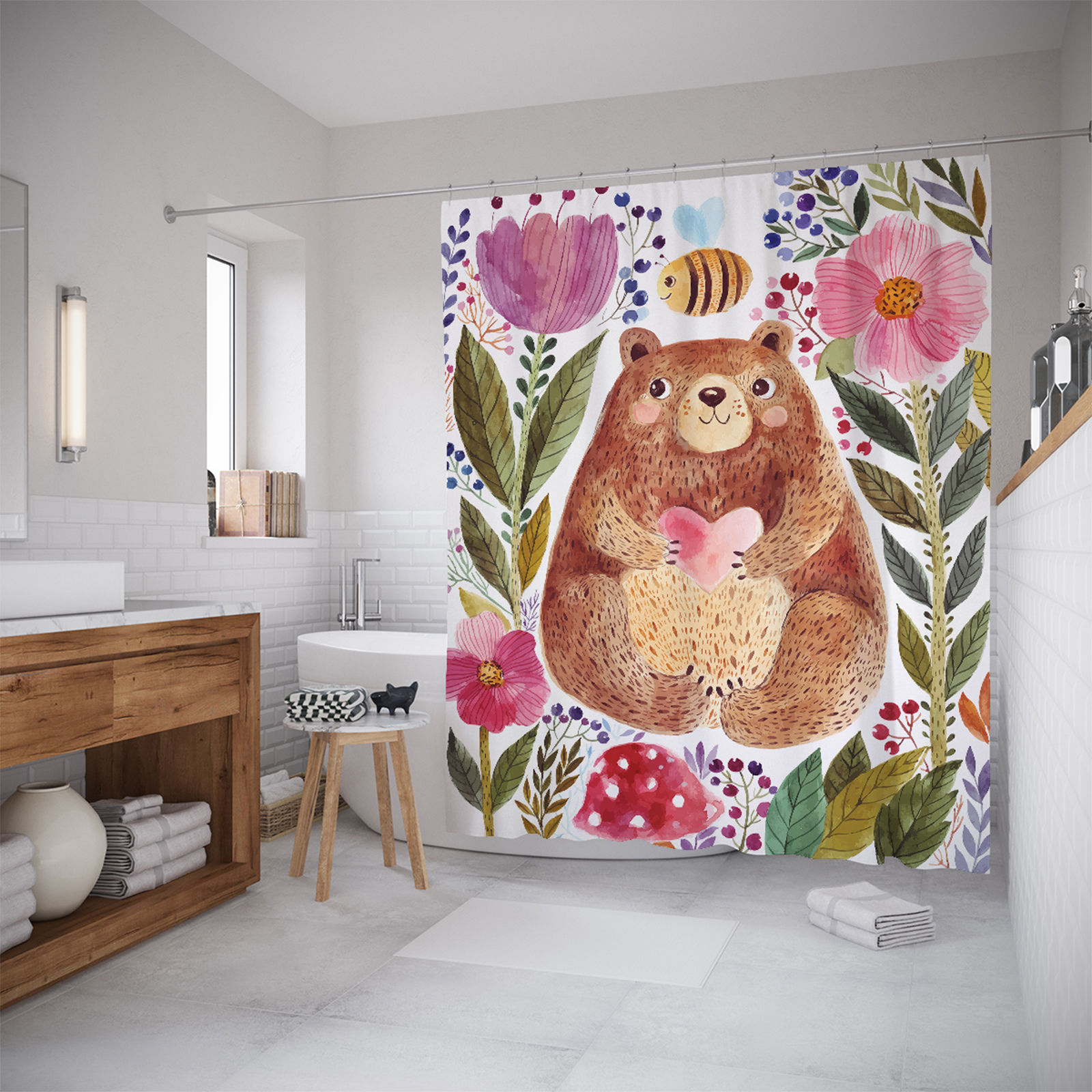фото Штора (занавеска) для ванной "Добрый медведь в цветах" из ткани, 180х200 см с крючками Joyarty