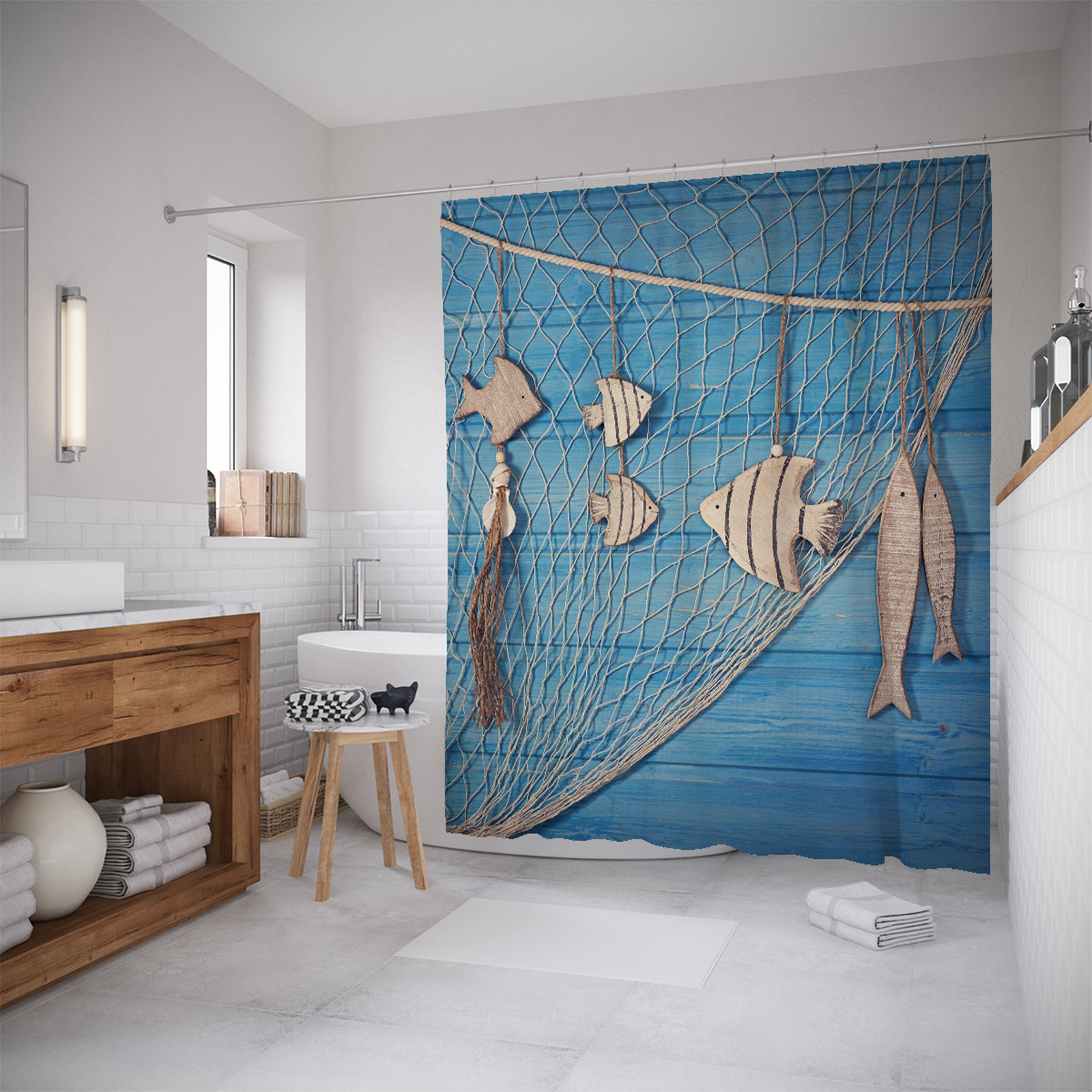 фото Штора (занавеска) для ванной "Сувенирный улов" из ткани, 180х200 см с крючками Joyarty