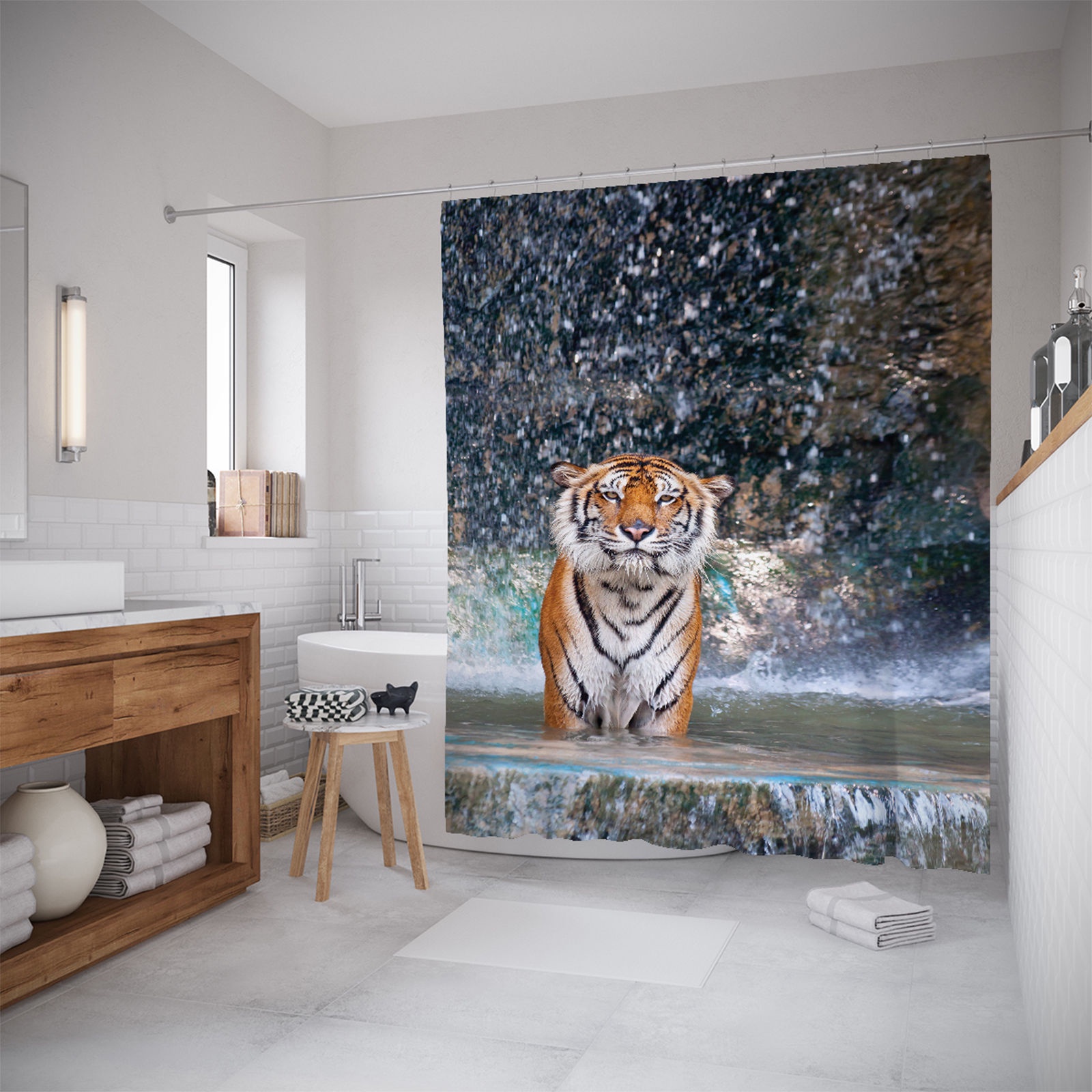 фото Штора (занавеска) для ванной "Тигр исследователь" из ткани, 180х200 см с крючками Joyarty