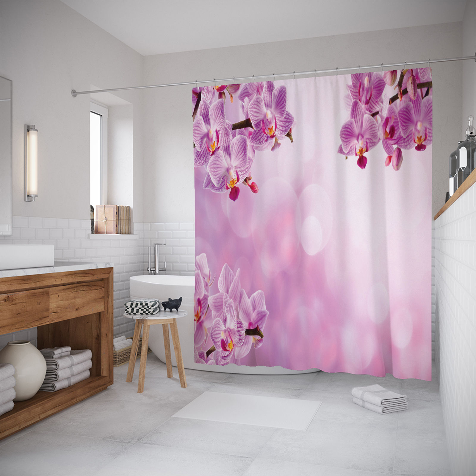 фото Штора (занавеска) для ванной "Облачные орхидеи" из ткани, 180х200 см с крючками Joyarty