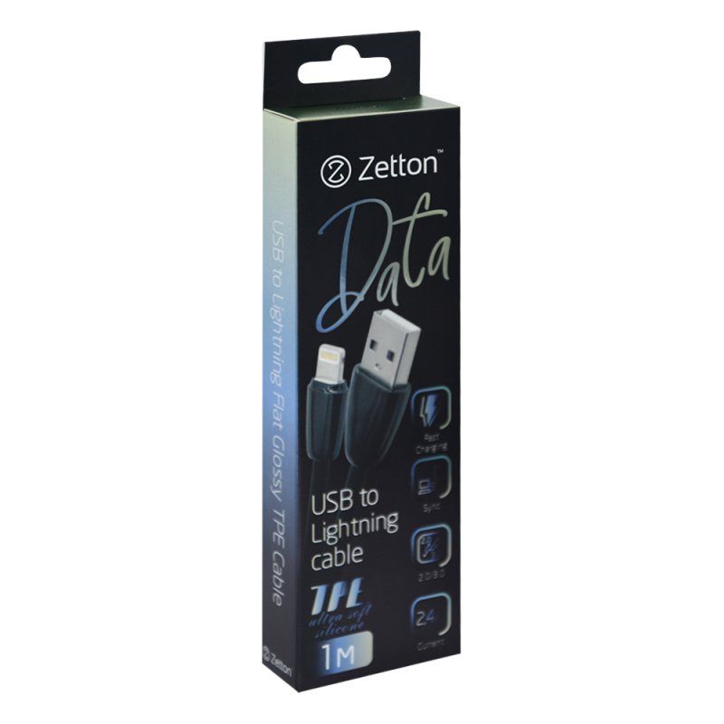 фото USB кабель Zetton USB SyncCharge Flat Glossy, ZTUSBFGTBKA8, черный