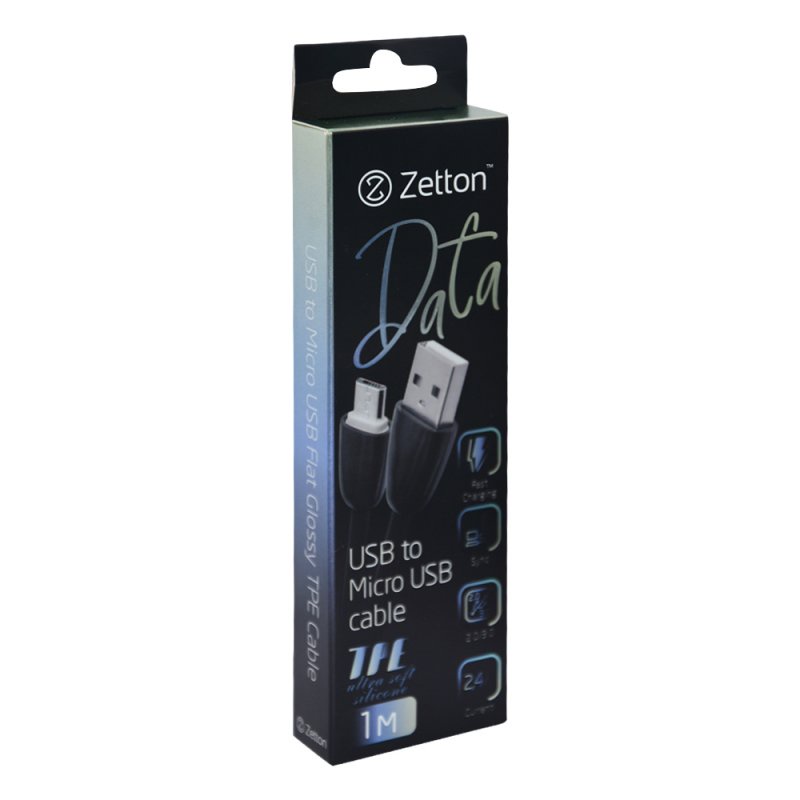 фото USB кабель Zetton USB SyncCharge Flat Glossy, ZTUSBFGTBKMC, черный