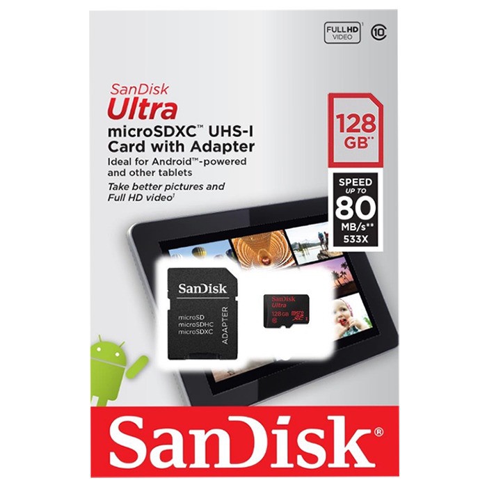 фото Карта памяти SanDisk MicroSD 128GB Class 10 Ultra Android UHS-I (80 Mb/s) + SD адаптер - Tablet Packaging, черный