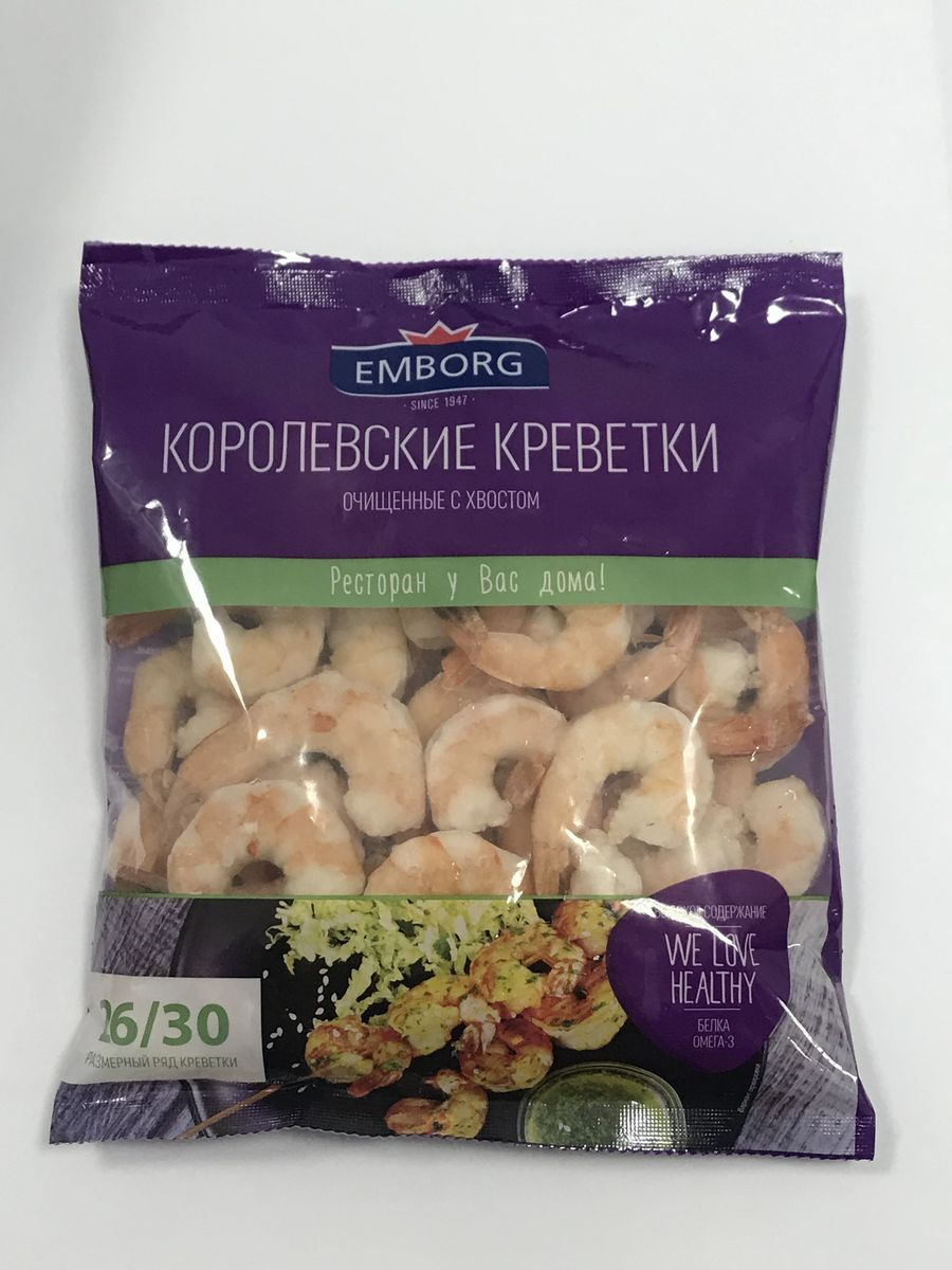 фото Свежие морепродукты Emborg "Креветки 26/30", очищенные, с хвостиком, варено-мороженые, 850 г