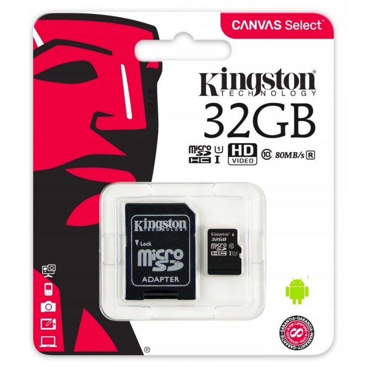 фото Карта памяти Kingston MicroSD 32GB Class 10 Canvas Select UHS-I U1 (80 Mb/s) + SD адаптер, черный