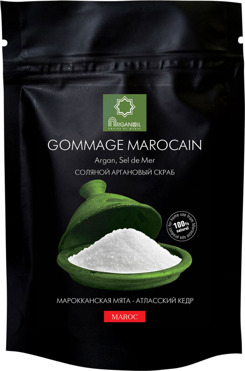фото Соляной аргановый скраб GOMMAGE MAROCAIN c натуральным маслом арганы (с ароматом Марокканская мята - Атласский кедр), ARGANOIL, 200 г Дом арганы