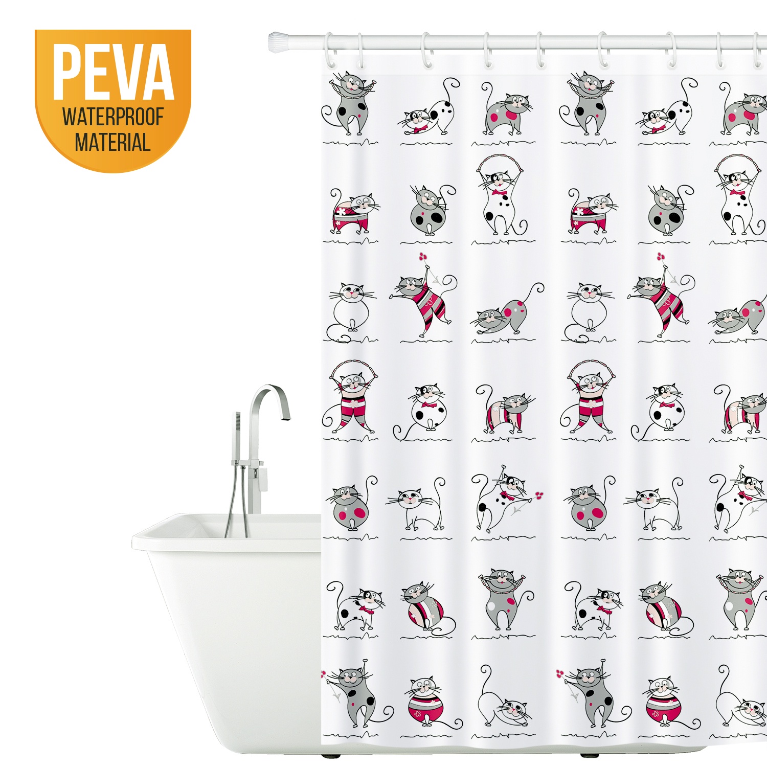 Tatkraft FUNNY CATS Штора для ванной комнаты , водонепроницаемый материал PEVA, с кольцами (12 шт) многоцветный