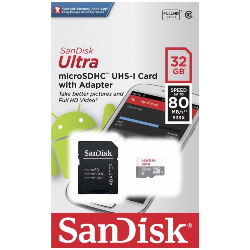 фото Карта памяти SanDisk MicroSD  32GB  Class 10 Ultra Android (80 Mb/s) + SD адаптер