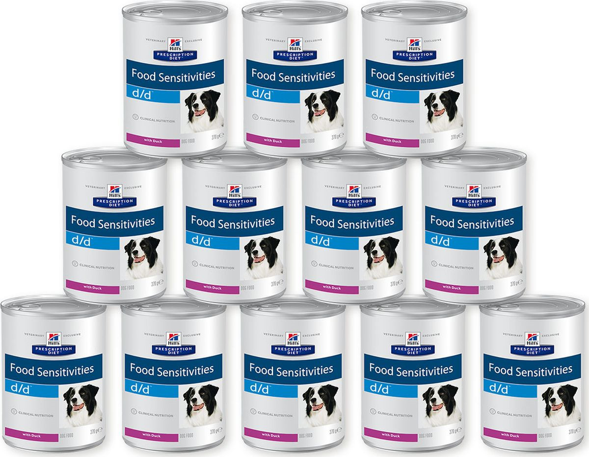 фото Корм влажный Hill's Prescription Diet d/d Food Sensitivities для собак для поддержания здоровья кожи и при пищевой аллергии, с уткой, 12 шт по 370 г