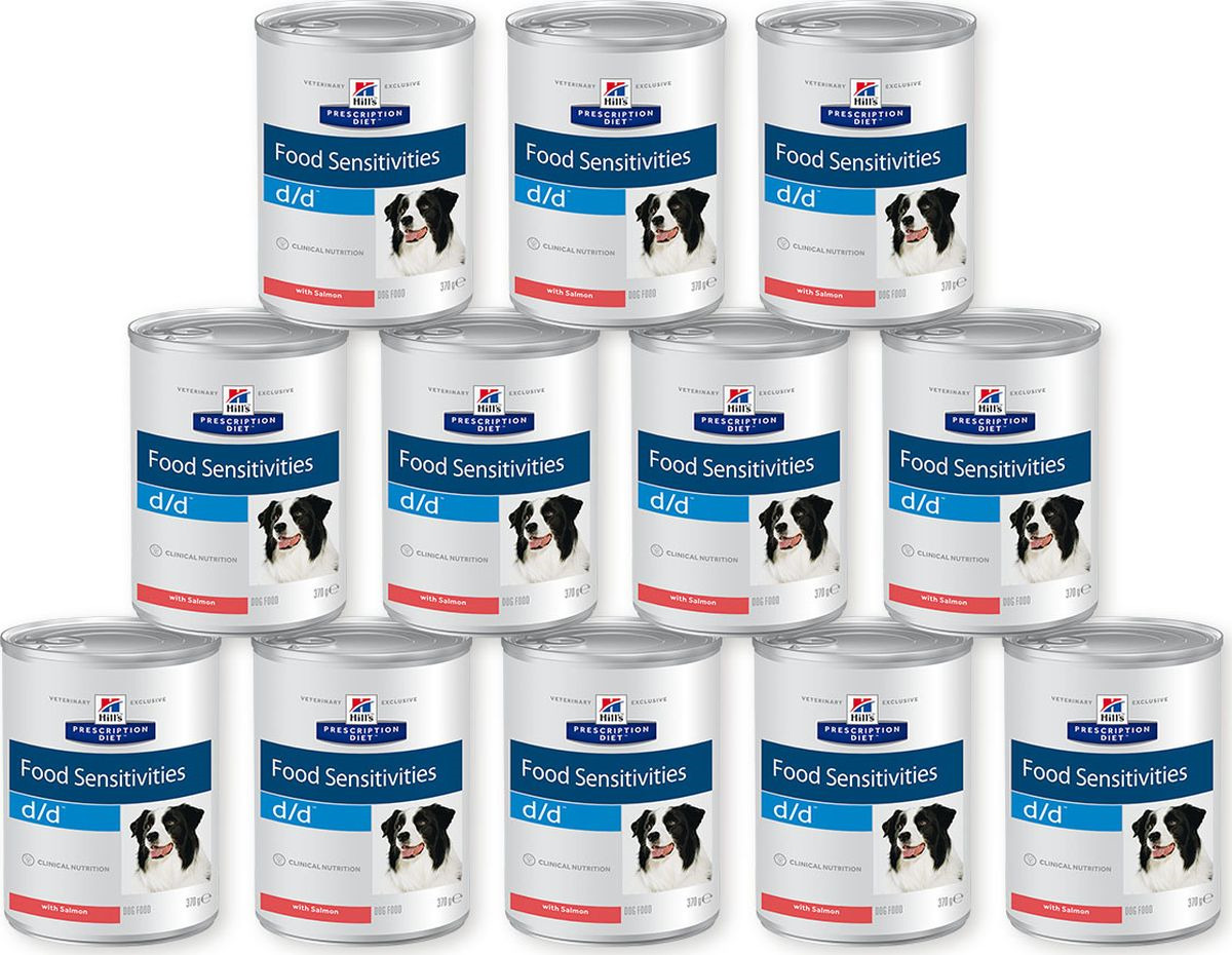 фото Корм влажный Hill's Prescription Diet d/d Food Sensitivities для собак для поддержания здоровья кожи и при пищевой аллергии, с лососем, 12 шт по 370 г