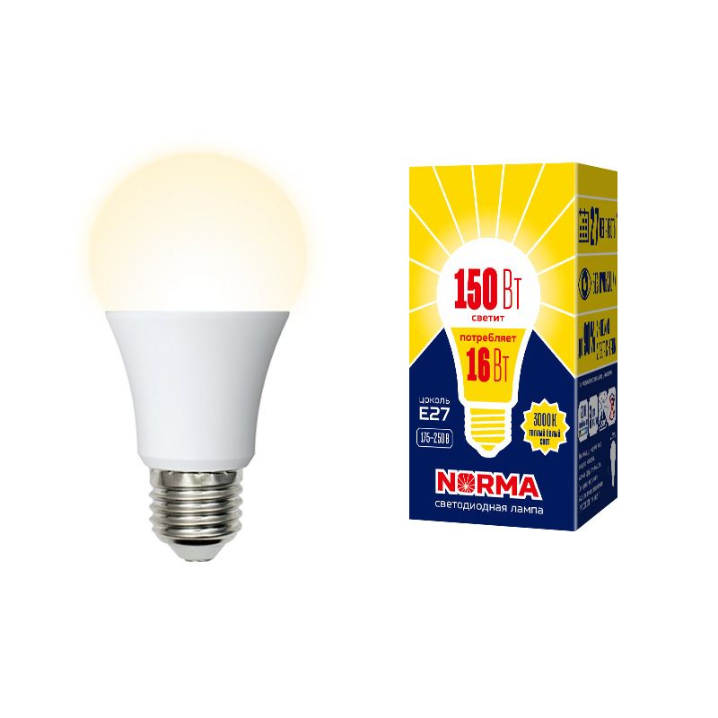 Лампочка светодиодная Volpe Norma, A, UL-00004027, теплый белый свет, LED-A60-16W/WW/E27/FR/NR, 3000K