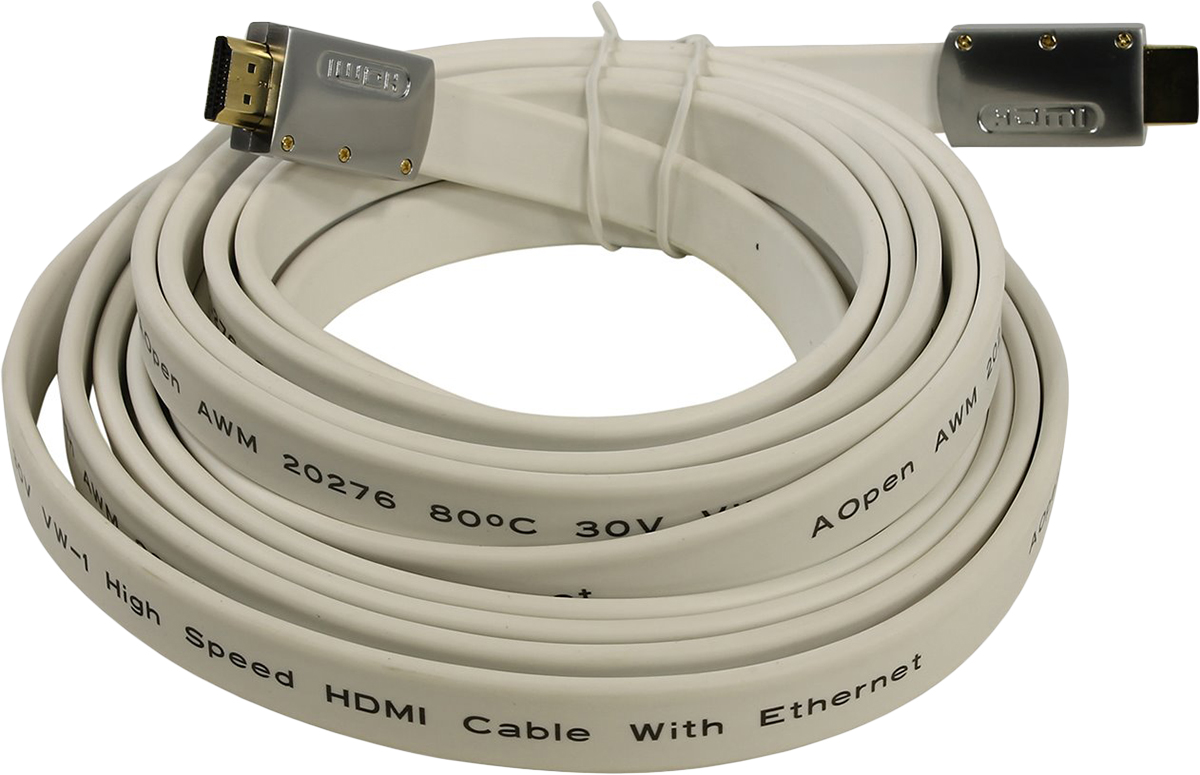 фото Кабель HDMI 19M/M 1.4V+3D/Ethernet AOpen/Qust <ACG545A_W-5M> серебряно-белый Flat Top Quality