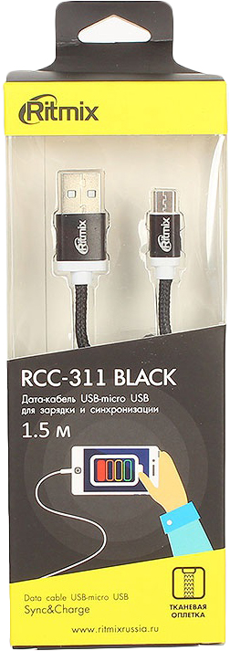 фото Кабель Ritmix MicroUSB-USB RCC-311, 1,5 м, black