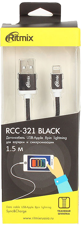 Кабель Ritmix RCC-321 Lightning 8pin-USB, 1,5 м, black