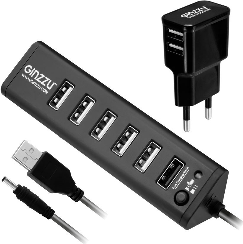 КонцентраторUSB3.0/2.0GinzzuGR-315UAB,7портов(1xUSB3.0+6xUSB2.0)+adp