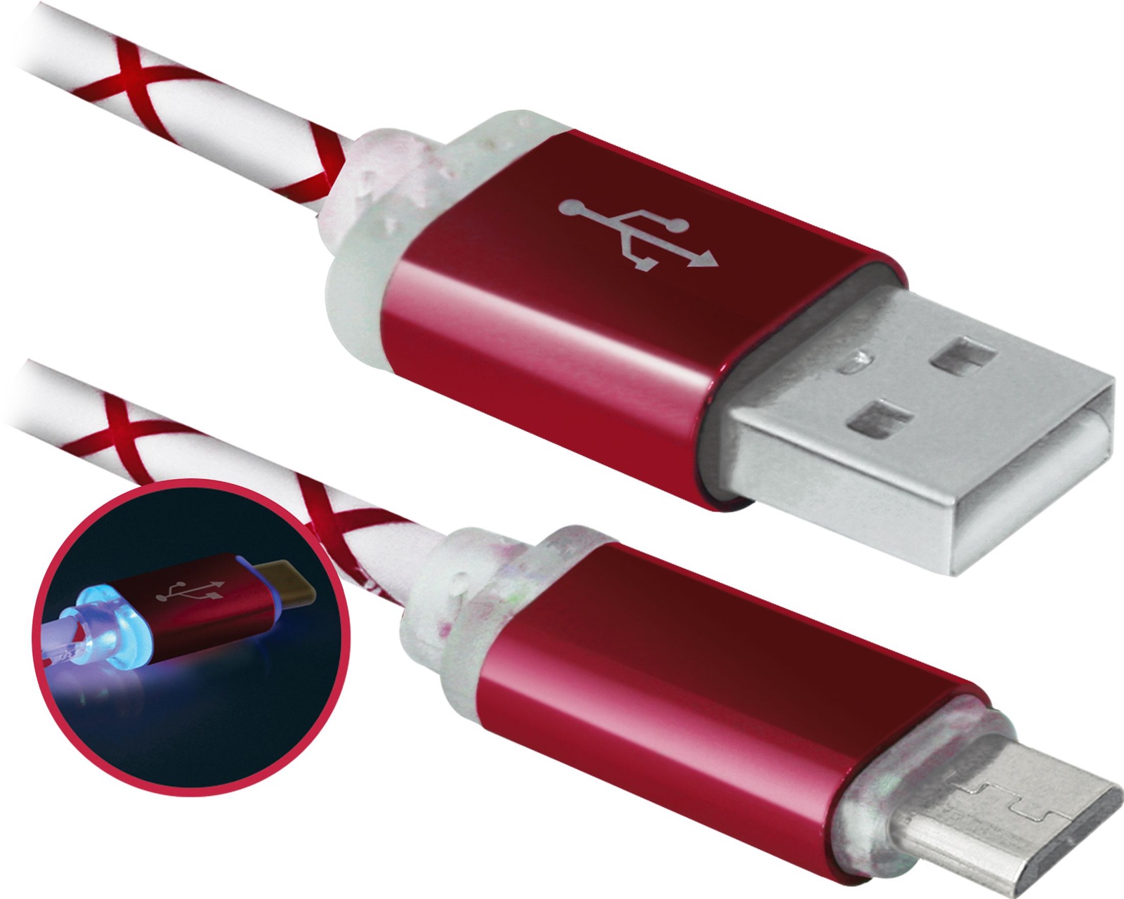 фото USB кабель Defender USB08-03LT USB2.0 красный, LED, AM-MicroBM, 1м