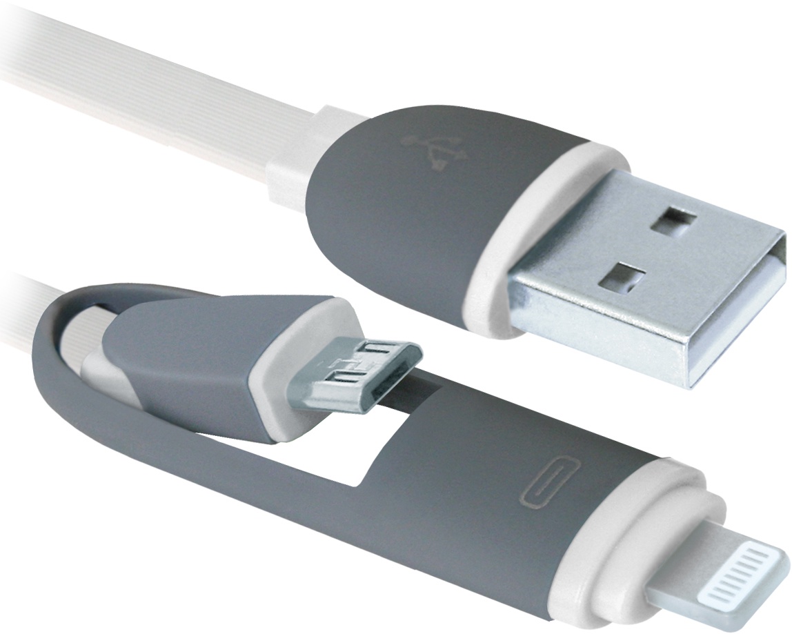 фото USB кабель Defender USB10-03BP белый, MicroUSB + Lightning,1м