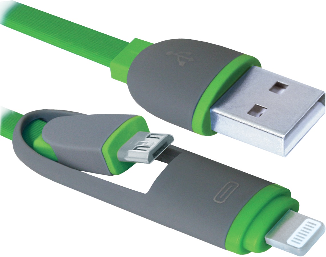 фото USB кабель Defender USB10-03BP зеленый MicroUSB+Lightning 1м