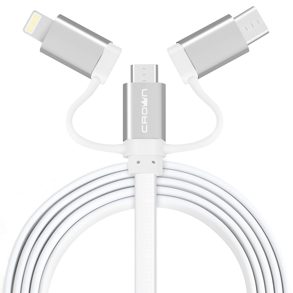 фото Кабель для зарядки и передачи данных USB - microUSB/USB Type-C/Lightning Crown Micro CMCU-3182 white, Белый