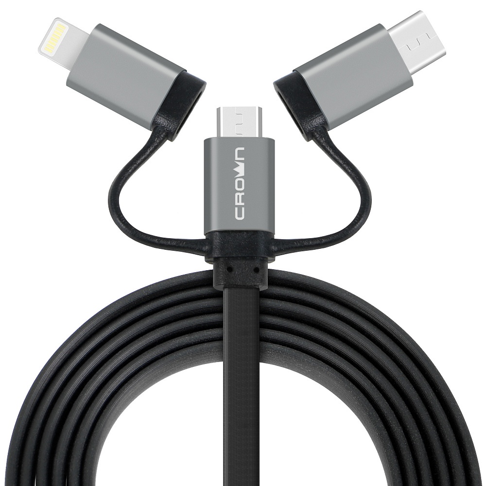 фото Кабель для зарядки и передачи данных USB - microUSB/USB Type-C/Lightning Crown Micro CMCU-3182 black, Чёрный